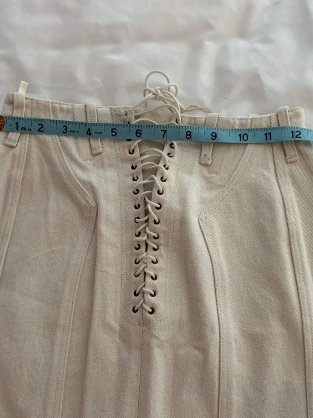 RARE SOUGHT AFTER 1991 ALAIA RUNWAY LACE UP IVORY DENIM MINI SKIRT XS - Picture 8 of 11